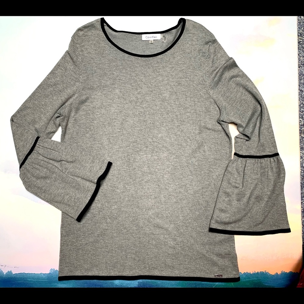 CALVIN KLEIN Grey/Black TUNIC SWEATER Gathered Bell Sleeves
